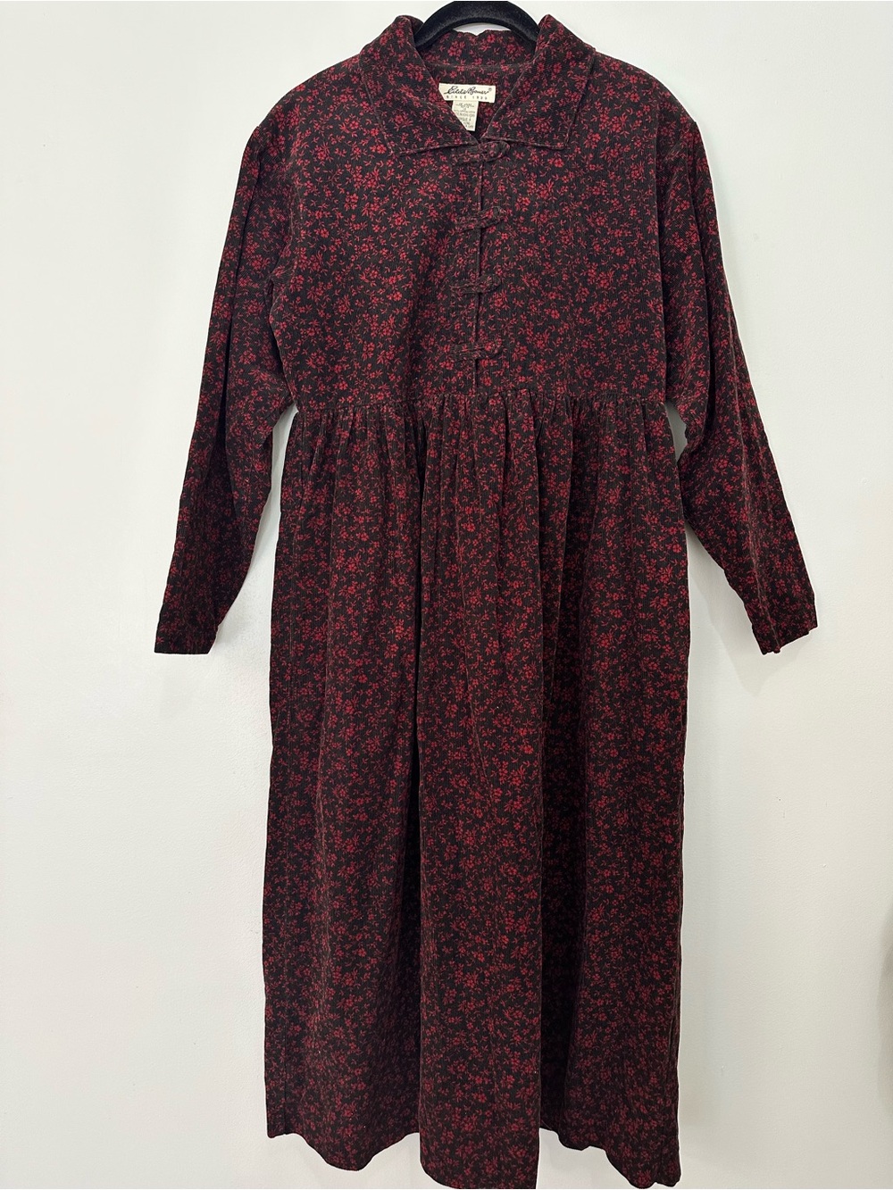 90s Vintage Eddie Bauer Corduroy Floral Long Sleeve Button Front Dress 10 petite